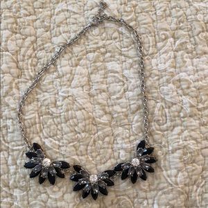 Flower Necklace, Silver, Black and Clear Jewels